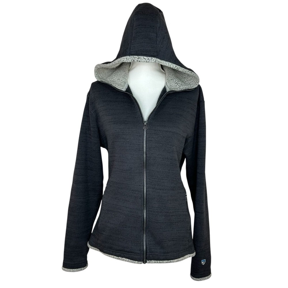 Kuhl Black Hooded Zip-Up Jacket with Light Gray Sherpa Lining